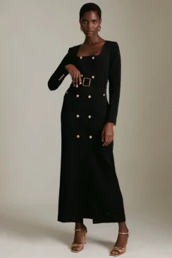 New 🎉 Karen Millen Compact Viscose Tux Sleeved Belted Maxi 👗 Dress ⌛