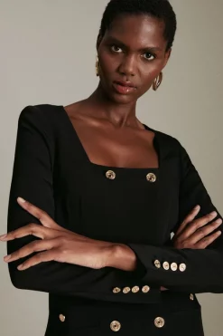 New 🎉 Karen Millen Compact Viscose Tux Sleeved Belted Maxi 👗 Dress ⌛ -PARTY DRESSES Sales Store akk06109 black xl 1