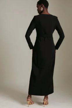 New 🎉 Karen Millen Compact Viscose Tux Sleeved Belted Maxi 👗 Dress ⌛ -PARTY DRESSES Sales Store akk06109 black xl 2