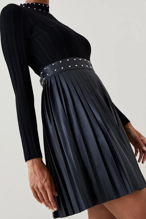 Cheap π Karen Millen Pu π Skirt Studded Knit Mix Skater Mini π Dress π 3 Cheap π Karen Millen Pu π Skirt Studded Knit Mix Skater Mini π Dress π