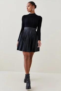 Cheap π Karen Millen Pu π Skirt Studded Knit Mix Skater Mini π Dress π 8 Cheap π Karen Millen Pu π Skirt Studded Knit Mix Skater Mini π Dress π -PARTY DRESSES Sales Store akk06549 black xl 1