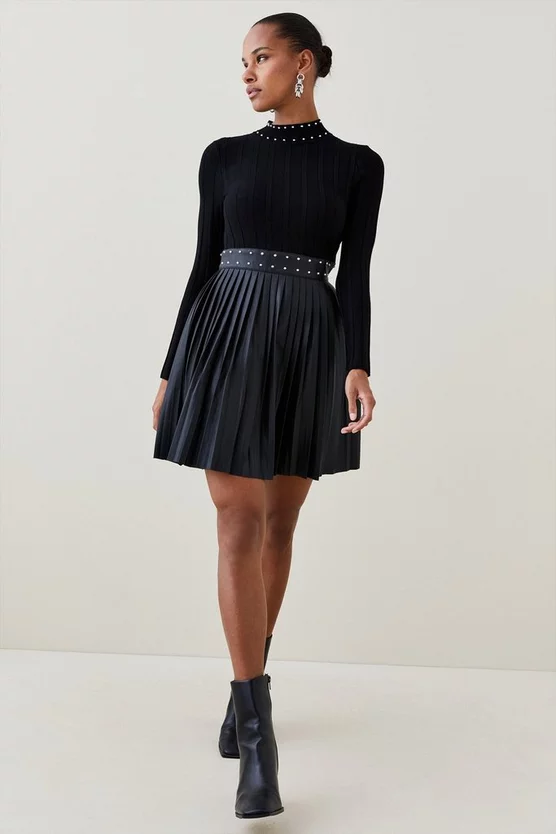 Cheap π Karen Millen Pu π Skirt Studded Knit Mix Skater Mini π Dress π 4 Cheap π Karen Millen Pu π Skirt Studded Knit Mix Skater Mini π Dress π - Image 2