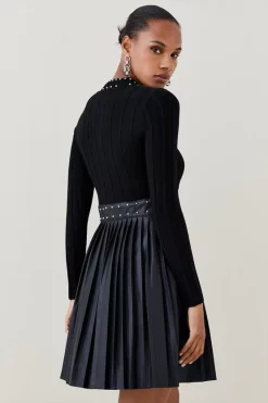 Cheap π Karen Millen Pu π Skirt Studded Knit Mix Skater Mini π Dress π 9 Cheap π Karen Millen Pu π Skirt Studded Knit Mix Skater Mini π Dress π -PARTY DRESSES Sales Store akk06549 black xl 2