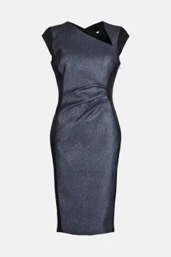 Cheap ⭐ Karen Millen Stretch Metallic Jacquard Tuck Detail Midi 👗 Dress 🎁 -PARTY DRESSES Sales Store akk06901 blue xl 3