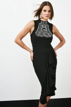 Budget β€οΈ Karen Millen Embellished Ruffle Figure Form Crepe Midi π Dress π