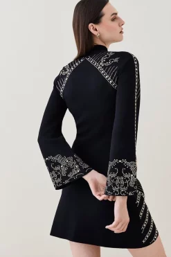Buy 🤩 Karen Millen Embellished Hot Fix Swing Knit Mini 👗 Dress 🥰 -PARTY DRESSES Sales Store bkk02274 black xl 2