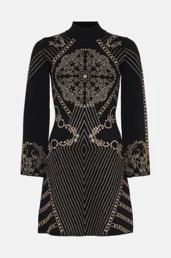 Buy 🤩 Karen Millen Embellished Hot Fix Swing Knit Mini 👗 Dress 🥰 -PARTY DRESSES Sales Store bkk02274 black xl 3