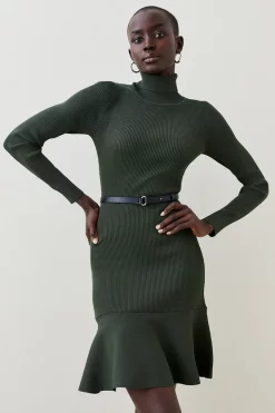 Hot Sale ⭐ Karen Millen Knitted Roll Neck Belted Flippy Hem Mini 👗 Dress 🌟