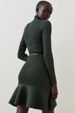 Hot Sale ⭐ Karen Millen Knitted Roll Neck Belted Flippy Hem Mini 👗 Dress 🌟 -PARTY DRESSES Sales Store bkk02320 forest xl 2