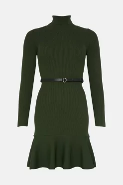 Hot Sale ⭐ Karen Millen Knitted Roll Neck Belted Flippy Hem Mini 👗 Dress 🌟 -PARTY DRESSES Sales Store bkk02320 forest xl 3