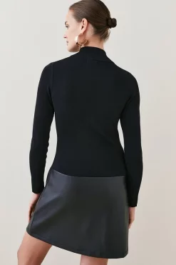 Outlet 🎉 Karen Millen Funnel Neck Pu Hem Knit Mini 👗 Dress 😉 -PARTY DRESSES Sales Store bkk02324 black xl 2