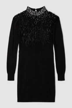 Top 10 👏 Karen Millen Feather Embellished Knit Mini 👗 Dress ❤️ -PARTY DRESSES Sales Store bkk02981 black xl 3