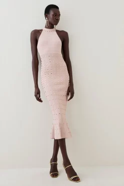 Coupon 🎉 Karen Millen Stud Detail Knit Halter Neck Midaxi 👗 Dress ✔️