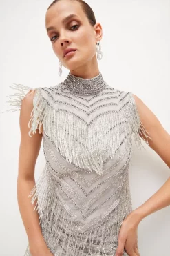 Flash Sale ⌛ Karen Millen Deco Crystal Embellished High Neck Mini 👗 Dress 🔥 -PARTY DRESSES Sales Store bkk03543 silver xl 2