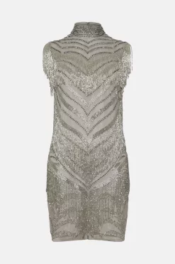 Flash Sale ⌛ Karen Millen Deco Crystal Embellished High Neck Mini 👗 Dress 🔥 -PARTY DRESSES Sales Store bkk03543 silver xl 4