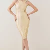 Coupon 🛒 Karen Millen Foiled Bandage Knit Midi 👗 Dress 👍 -PARTY DRESSES Sales Store bkk03651 gold xl