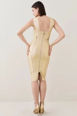 Coupon 🛒 Karen Millen Foiled Bandage Knit Midi 👗 Dress 👍 -PARTY DRESSES Sales Store bkk03651 gold xl 2