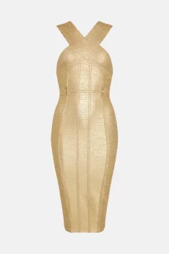 Coupon 🛒 Karen Millen Foiled Bandage Knit Midi 👗 Dress 👍 -PARTY DRESSES Sales Store bkk03651 gold xl 3