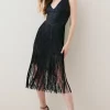 Best Sale 🔥 Karen Millen Foiled Bandage Knit Fringe Tiered Midi 👗 Dress 🥰 -PARTY DRESSES Sales Store bkk03653 black xl