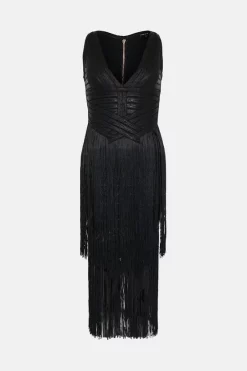 Best Sale π₯ Karen Millen Foiled Bandage Knit Fringe Tiered Midi π Dress π₯° 12 Best Sale π₯ Karen Millen Foiled Bandage Knit Fringe Tiered Midi π Dress π₯° -PARTY DRESSES Sales Store bkk03653 black xl 3