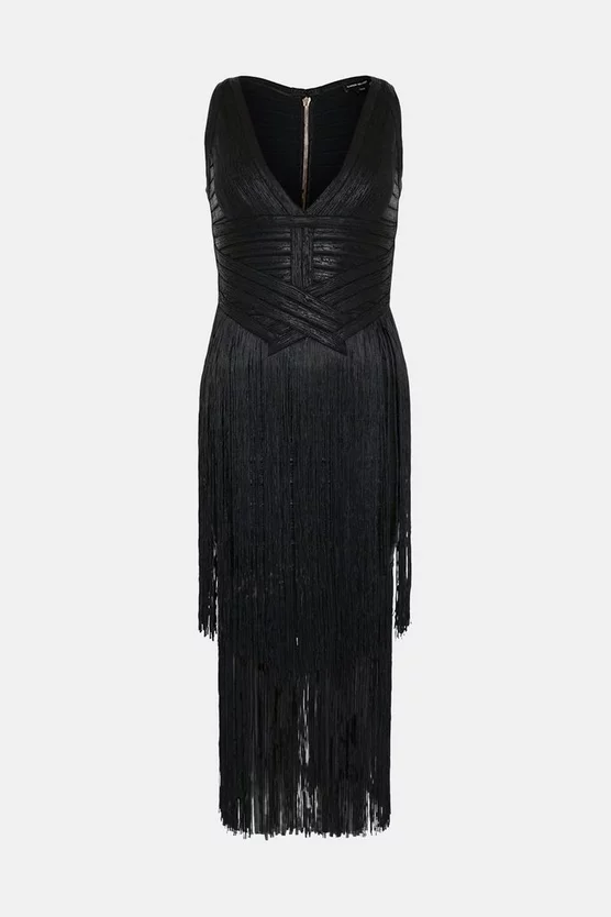 Best Sale π₯ Karen Millen Foiled Bandage Knit Fringe Tiered Midi π Dress π₯° 6 Best Sale π₯ Karen Millen Foiled Bandage Knit Fringe Tiered Midi π Dress π₯° - Image 4