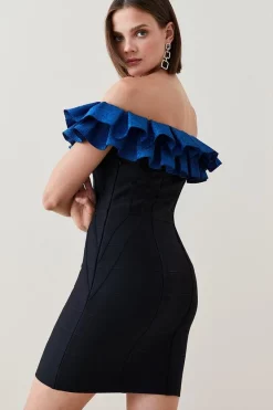 Wholesale 🌟 Karen Millen Sparkle Drama Frill Bardot Bandage Knit Mini 👗 Dress 👏 -PARTY DRESSES Sales Store bkk03663 black xl 2