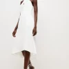Deals 😀 Karen Millen Soft Tailored Cross Over Neck High Low Midi 👗 Dress ⌛ -PARTY DRESSES Sales Store bkk04426 ivory xl