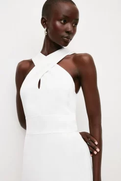 Deals 😀 Karen Millen Soft Tailored Cross Over Neck High Low Midi 👗 Dress ⌛ -PARTY DRESSES Sales Store bkk04426 ivory xl 1