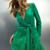 Hot Sale 🎁 Karen Millen Viscose Satin Crepe Feather Hem Double Breasted Tux Mini 👗 Dress 👍 -PARTY DRESSES Sales Store bkk04497 bright20green xl