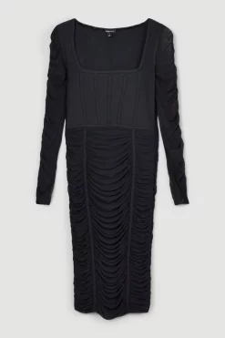 Deals ⭐ Karen Millen Ruched Mesh Square Neck Bandage Midi 👗 Dress ⌛ -PARTY DRESSES Sales Store bkk04781 black xl 3