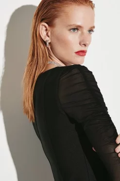 Deals ⭐ Karen Millen Ruched Mesh Square Neck Bandage Midi 👗 Dress ⌛ -PARTY DRESSES Sales Store bkk04781 black xl 4