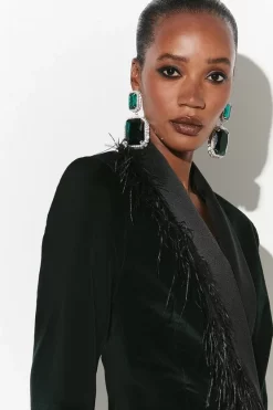 Cheapest ✨ Karen Millen Velvet Feather Detail Blazer Mini 👗 Dress 🎉 -PARTY DRESSES Sales Store bkk05091 forest xl 2