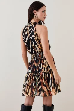 Deals 👍 Karen Millen Animal Shirred Halter Woven Mini 👗 Dress ⭐ -PARTY DRESSES Sales Store bkk05308 animal xl 2
