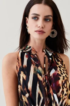 Deals 👍 Karen Millen Animal Shirred Halter Woven Mini 👗 Dress ⭐ -PARTY DRESSES Sales Store bkk05308 animal xl 4