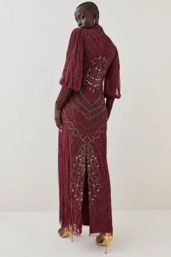 Top 10 ❤️ Karen Millen Embellished Balloon Sleeve Maxi 👗 Dress 🛒 -PARTY DRESSES Sales Store bkk05455 merlot xl 2