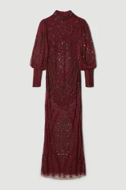 Top 10 ❤️ Karen Millen Embellished Balloon Sleeve Maxi 👗 Dress 🛒 -PARTY DRESSES Sales Store bkk05455 merlot xl 3