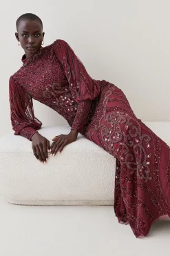 Top 10 ❤️ Karen Millen Embellished Balloon Sleeve Maxi 👗 Dress 🛒 -PARTY DRESSES Sales Store bkk05455 merlot xl 4