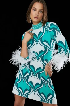 Wholesale 🌟 Karen Millen Feather Hem Abstract Print Knit Mini 👗 Dress 🥰