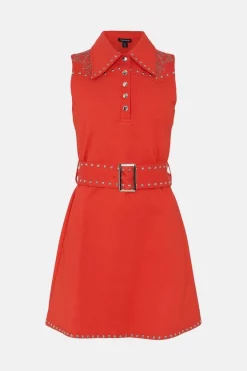 Best Sale ✔️ Karen Millen Ponte Belted Stud Mini 👗 Dress 👍 -PARTY DRESSES Sales Store bkk05544 orange xl 3