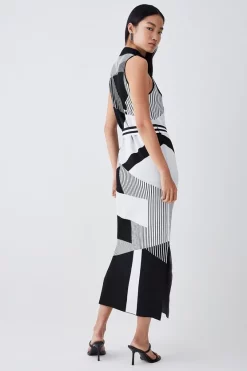 Deals 💯 Karen Millen Mono Jacquard Knit Belted Midi 👗 Dress 😍 -PARTY DRESSES Sales Store bkk05560 mono xl 5