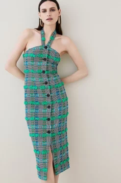 Brand new 🥰 Karen Millen Linton Tweed Halter Bodice Midi 👗 Dress 😍