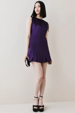 Coupon ✨ Karen Millen Taffeta Pleated Hanging Crystal Mini 👗 Dress 🧨