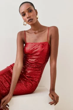 Deals 🛒 Karen Millen All Over Sequin Strappy Maxi 👗 Dress 👏 -PARTY DRESSES Sales Store bkk05673 red xl 2