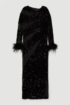 Hot Sale 😍 Karen Millen All Over Sequin Feather Cuff Maxi 👗 Dress 👏 -PARTY DRESSES Sales Store bkk05686 black xl 3