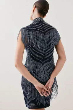 Outlet 👏 Karen Millen Deco Crystal Embellished High Neck Mini 👗 Dress 🌟 -PARTY DRESSES Sales Store bkk05748 gun20metal xl 2