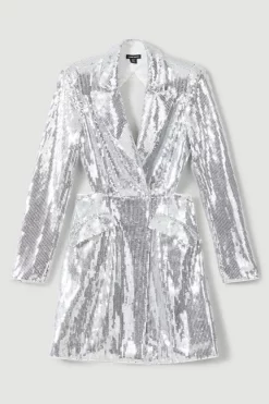 Best Sale 😀 Karen Millen Sequin Blazer Woven Mini 👗 Dress 🔥 -PARTY DRESSES Sales Store bkk05749 silver xl 4