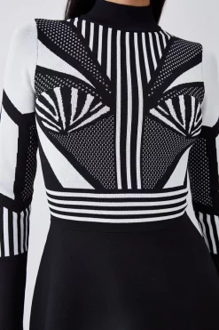 Brand new 🎉 Karen Millen Mono Sporty Jacquard Knit Mini Skater 👗 Dress 😍 -PARTY DRESSES Sales Store bkk05924 mono xl 1