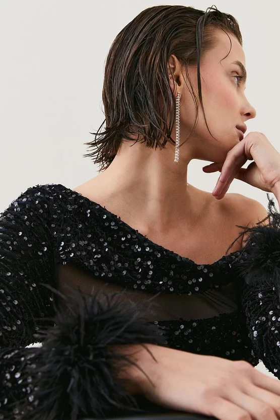 Flash Sale π Karen Millen Sequin Velvet Mesh Detail Feather Cuff Jersey Mini π Dress π 5 Flash Sale π Karen Millen Sequin Velvet Mesh Detail Feather Cuff Jersey Mini π Dress π - Image 3