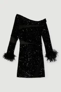 Flash Sale π Karen Millen Sequin Velvet Mesh Detail Feather Cuff Jersey Mini π Dress π 12 Flash Sale π Karen Millen Sequin Velvet Mesh Detail Feather Cuff Jersey Mini π Dress π -PARTY DRESSES Sales Store bkk06094 black xl 3