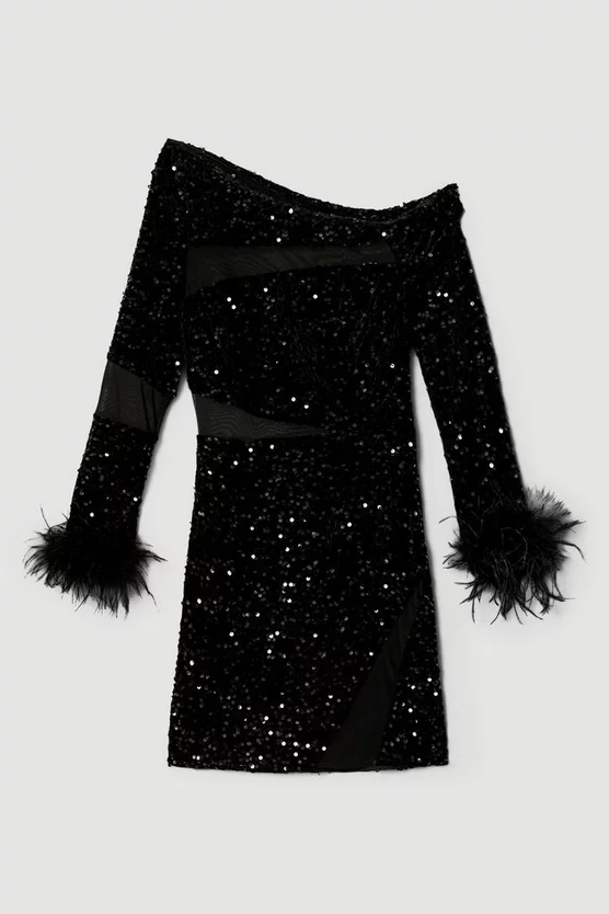 Flash Sale π Karen Millen Sequin Velvet Mesh Detail Feather Cuff Jersey Mini π Dress π 6 Flash Sale π Karen Millen Sequin Velvet Mesh Detail Feather Cuff Jersey Mini π Dress π - Image 4